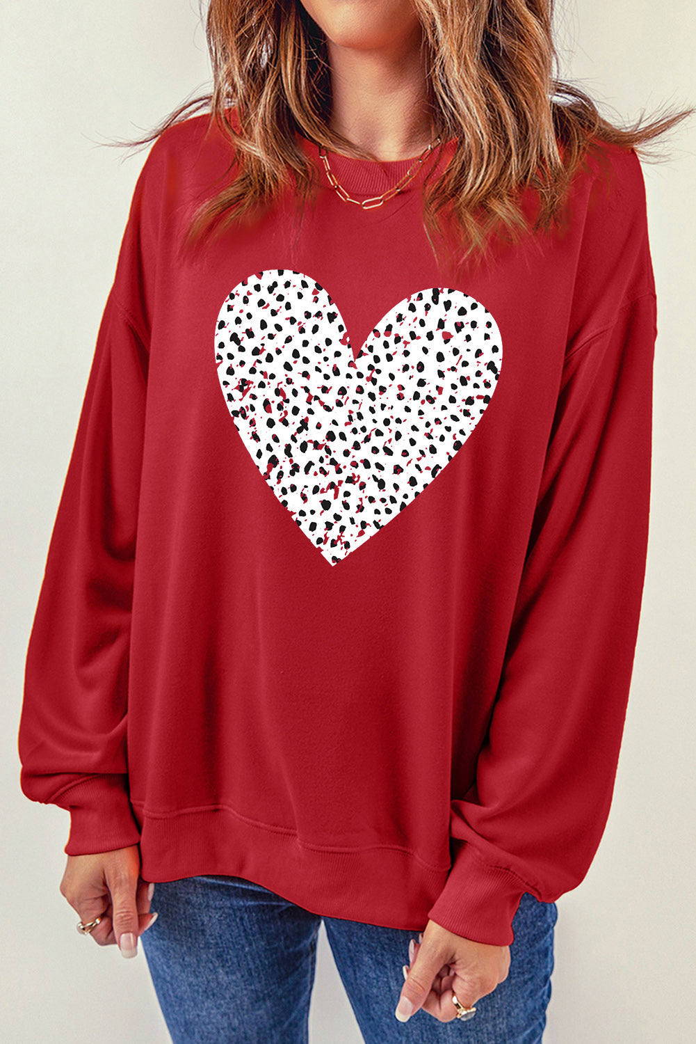 Heart Round Neck Dropped Shoulder Sweatshirt 