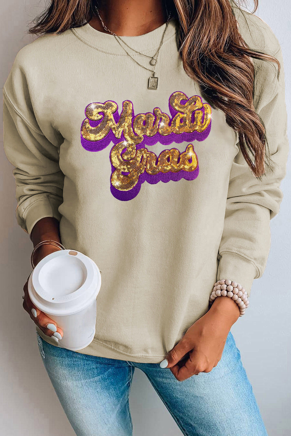 Letter Graphic Sequin Round Neck Sweatshirt 