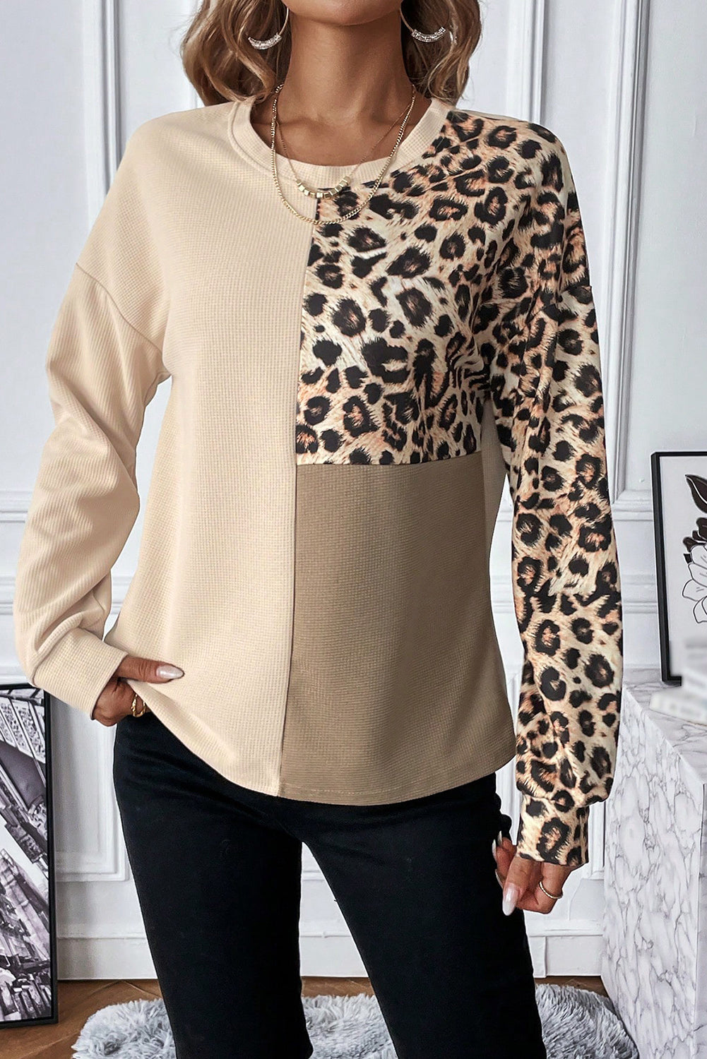 Leopard Waffle Knit Long Sleeve T-Shirt - Babbazon Tops