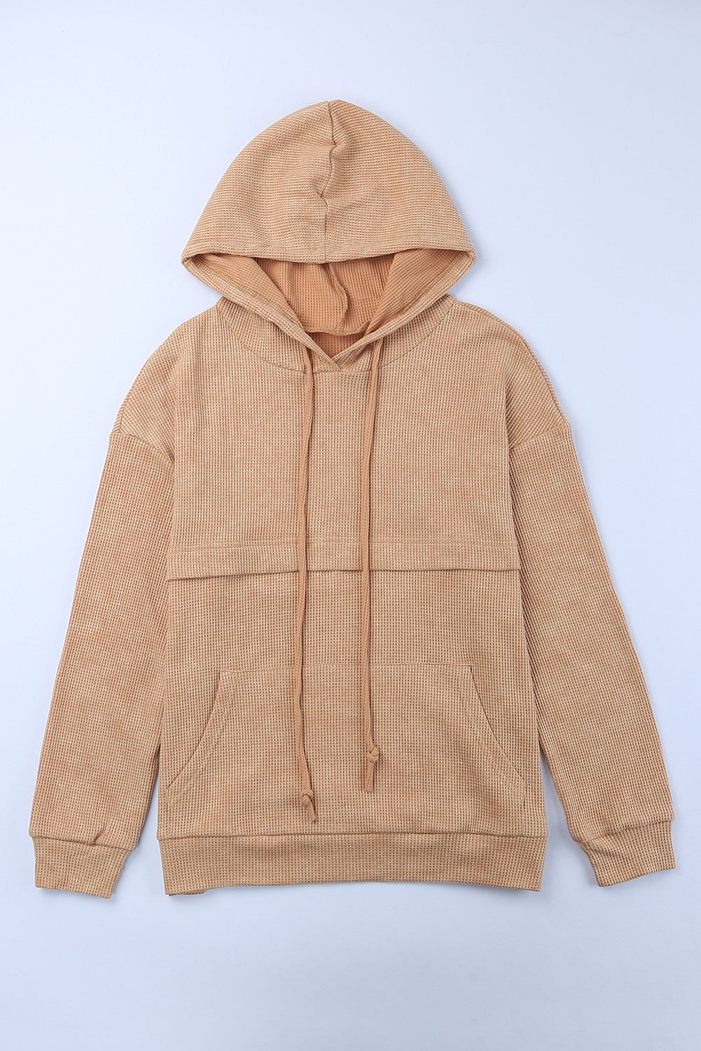 Waffle-Knit Drawstring Kangaroo Pocket Hoodie 