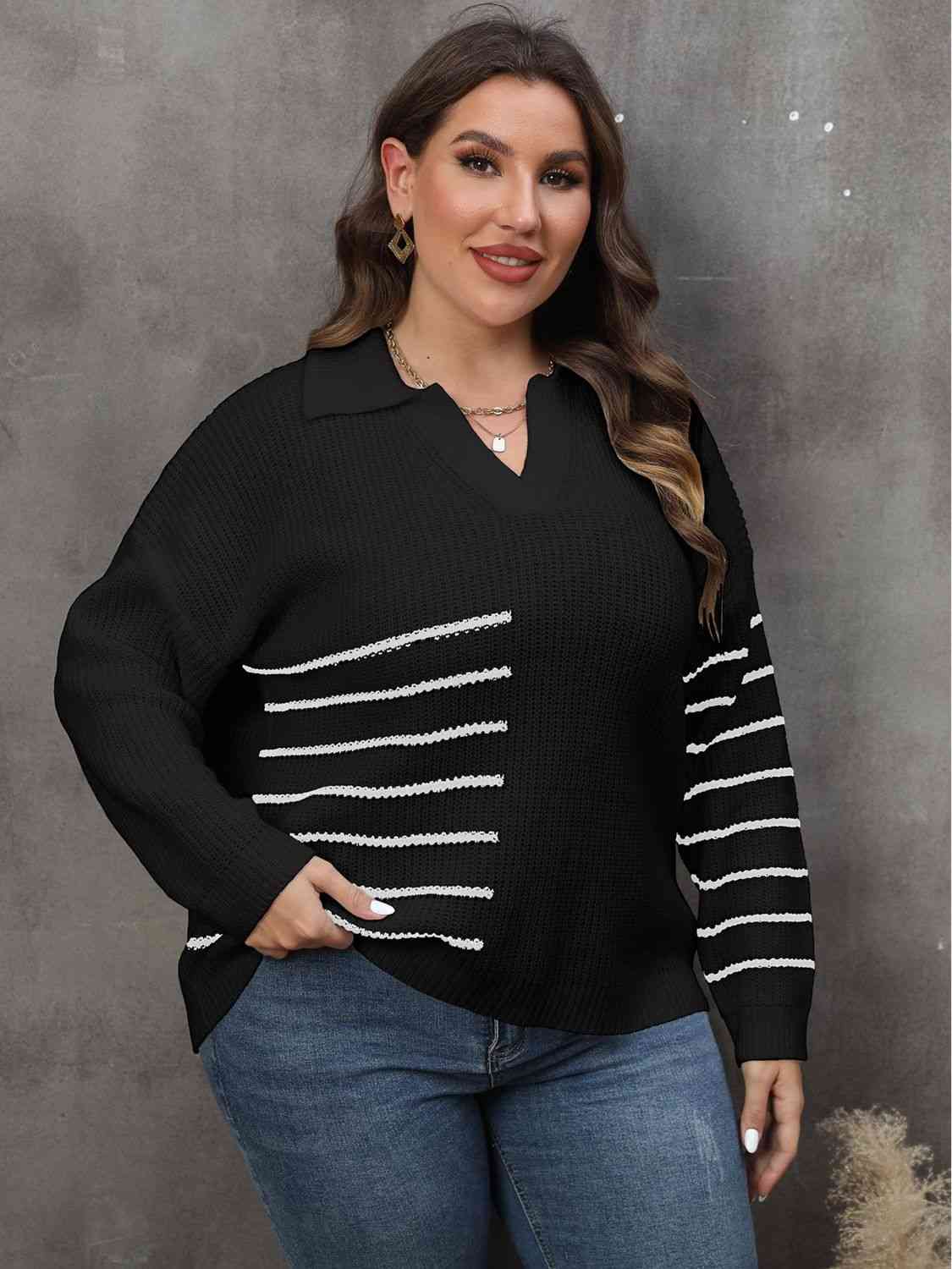 Plus Size Striped V-Neck Sweater 