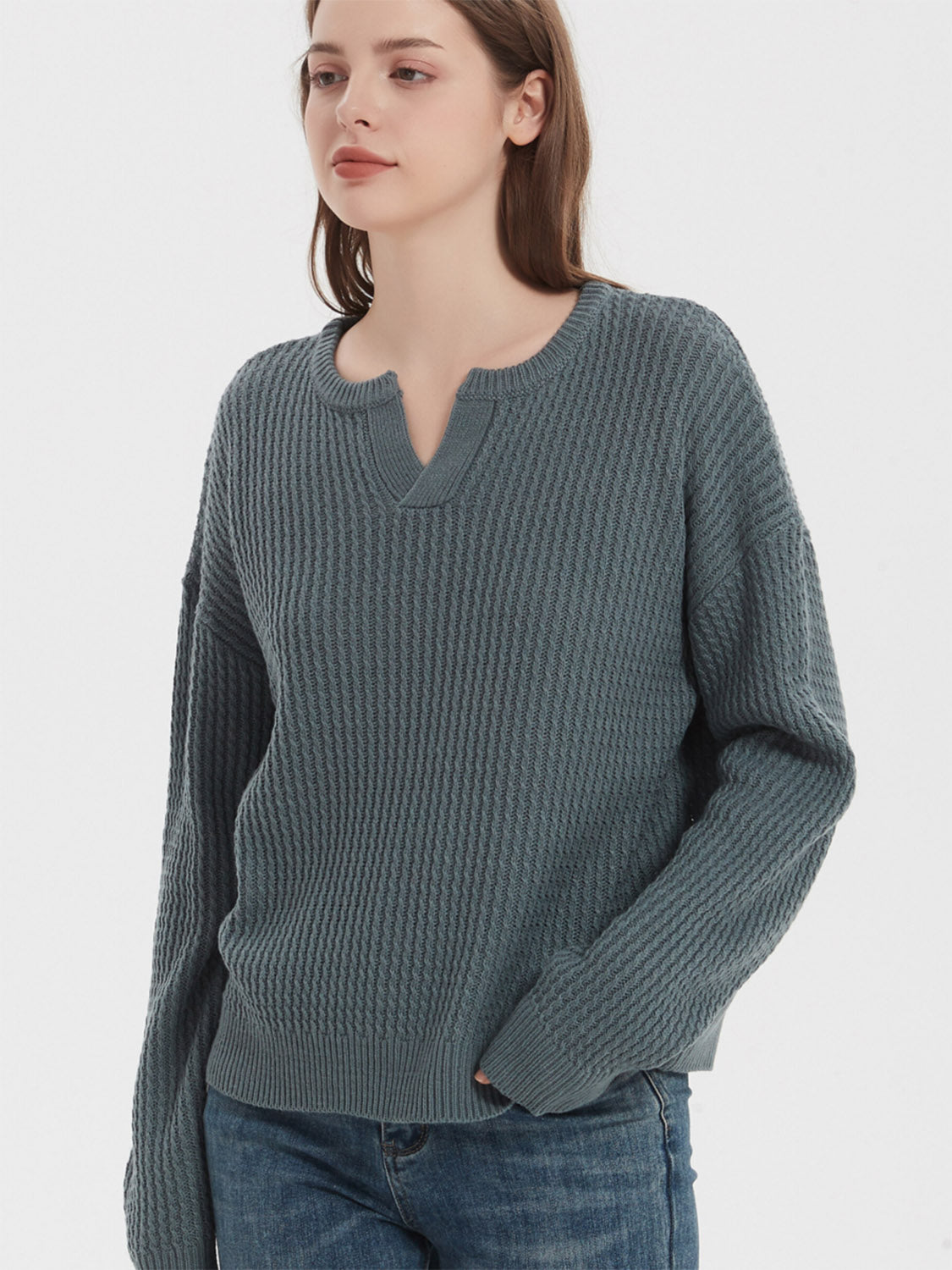 Notched Dropped Shoulder Sweater 