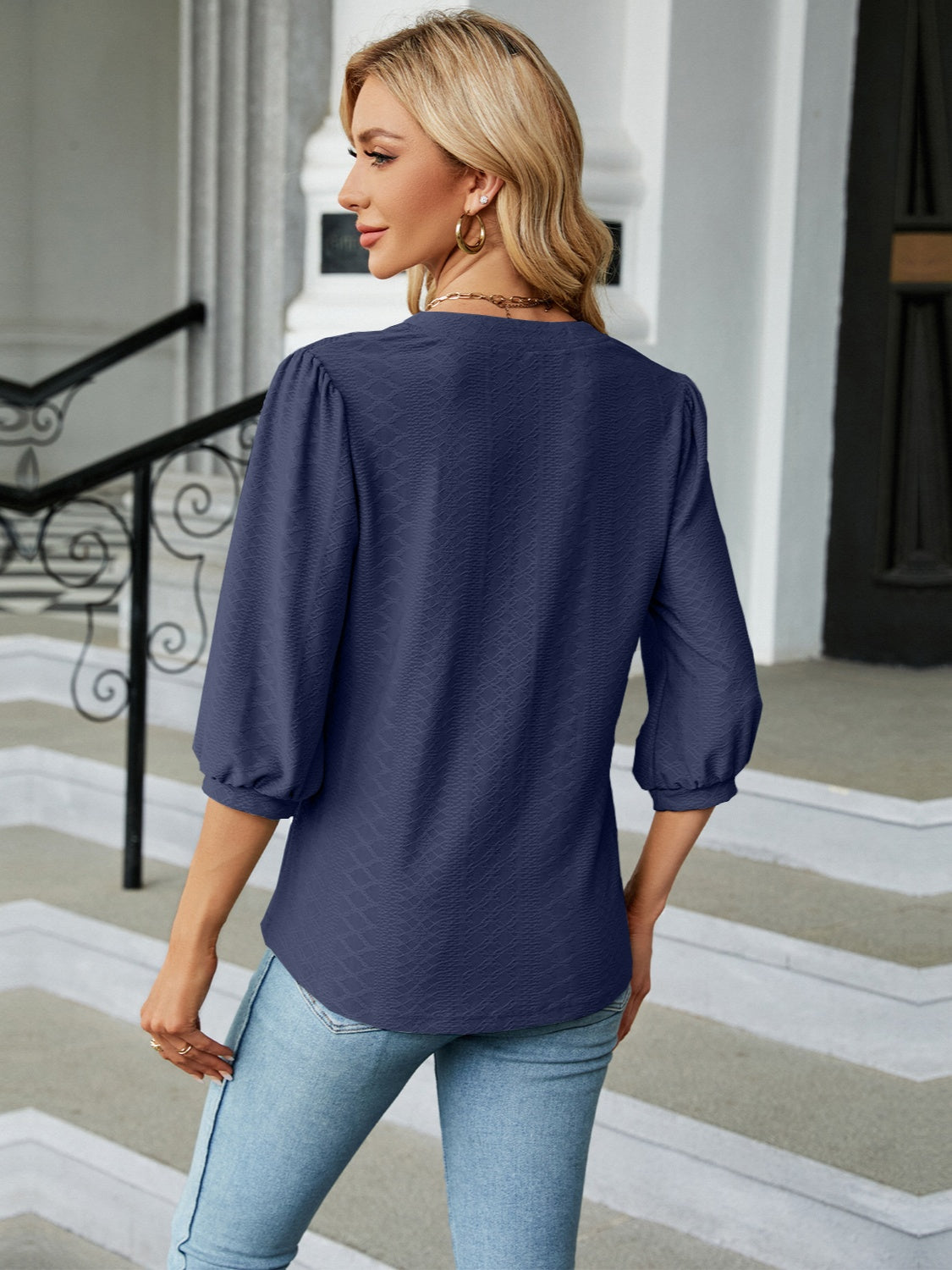 Textured Notched Three-Quarter Sleeve Blouse