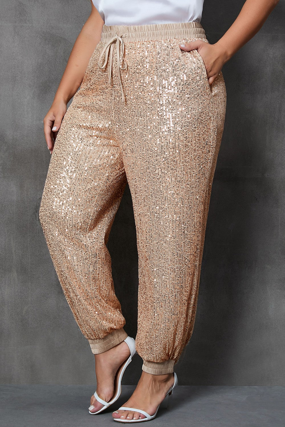 Plus Size Sequin Drawstring Joggers with Pockets 