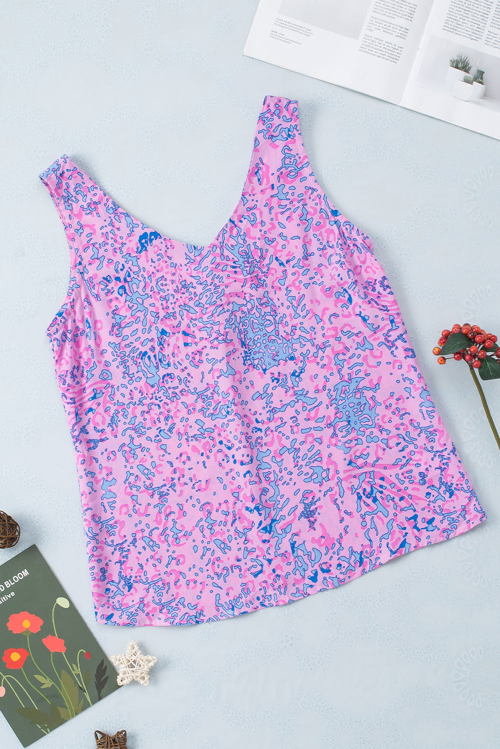 Printed V-Neck Wide Strap Tank 