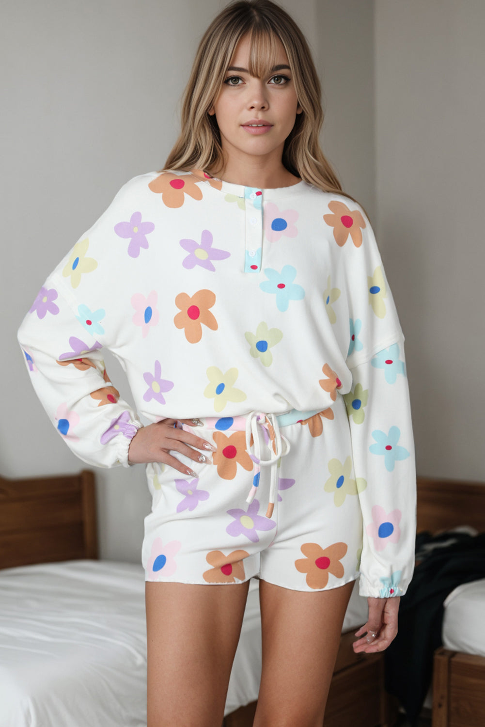 Printed Quarter Button Top and Drawstring Shorts Lounge Set - Babbazon