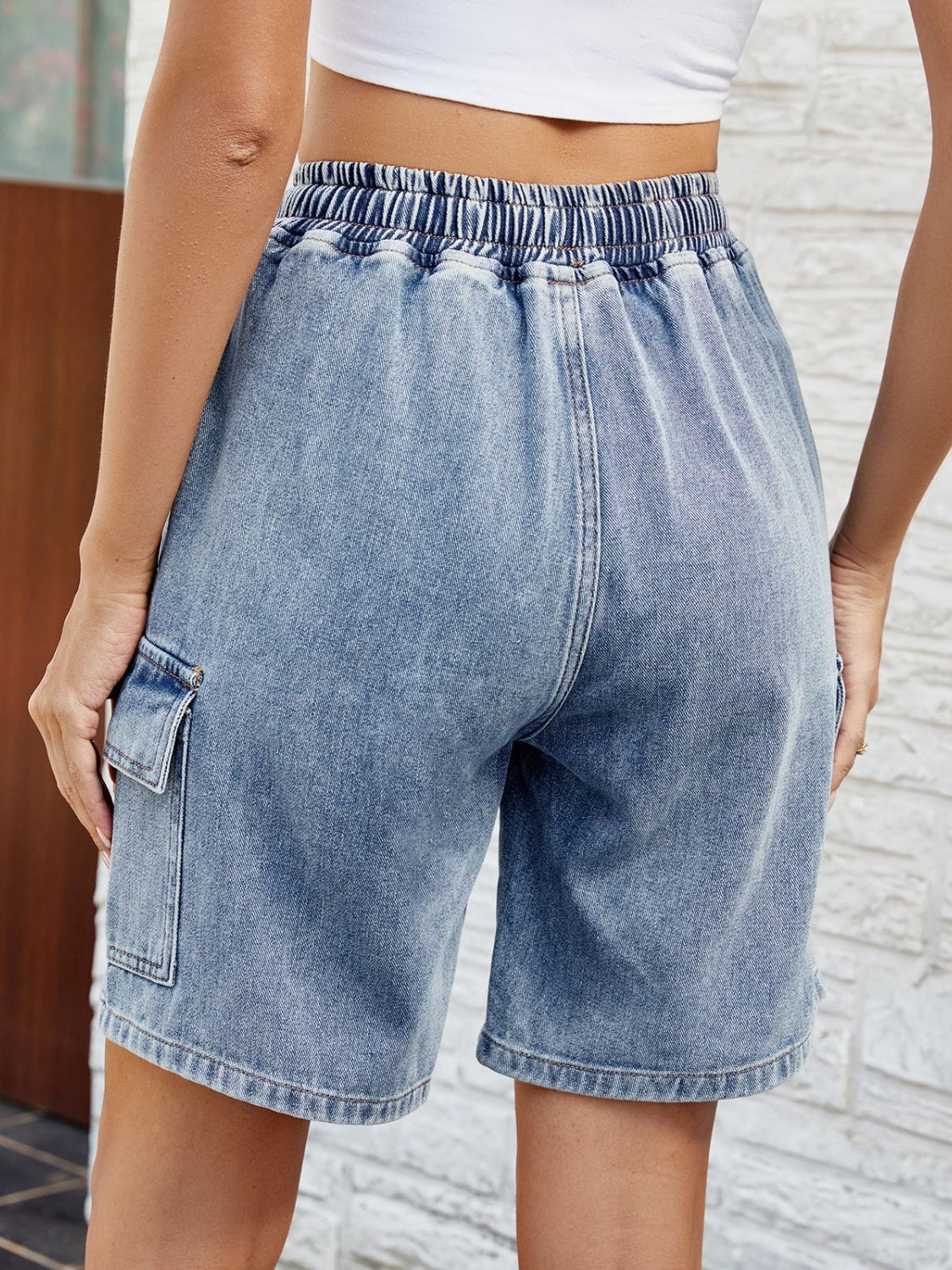 Drawstring Denim Shorts with Pockets 