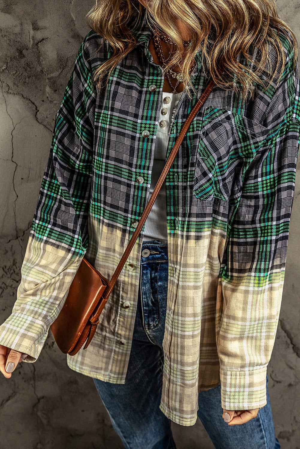 Contrast Plaid Button Up Long Sleeve Shacket 