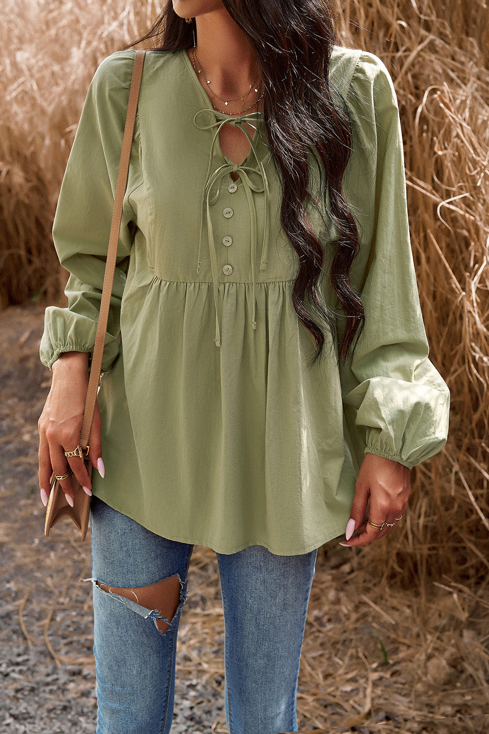 Tied Decorative Button Balloon Sleeve Blouse