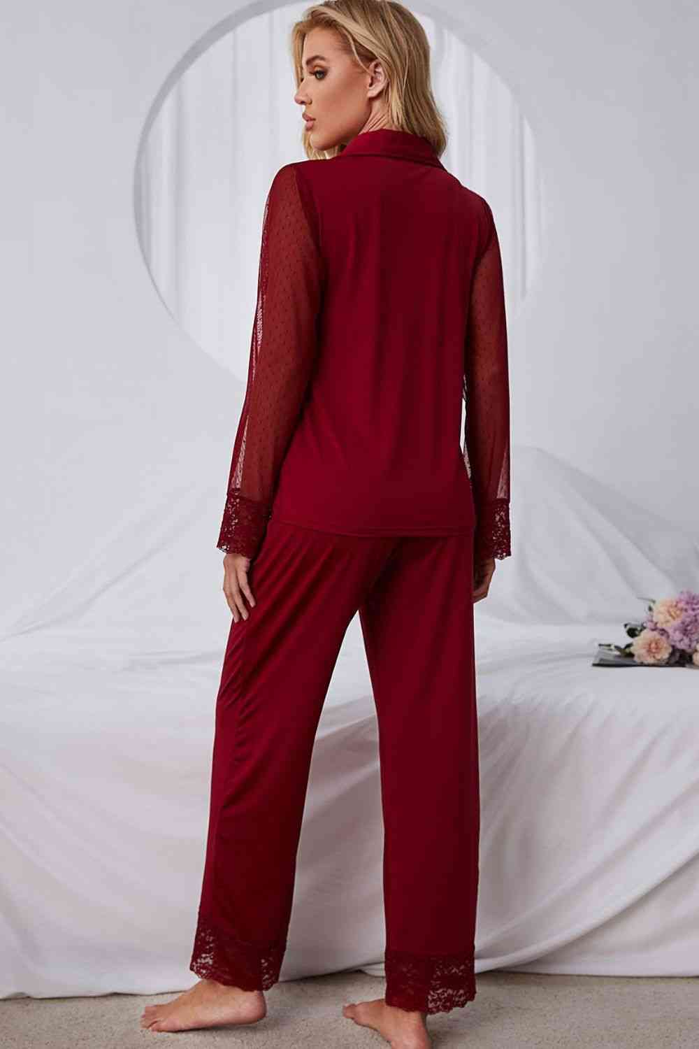 Spliced Lace Lapel Collar Pajama Set 