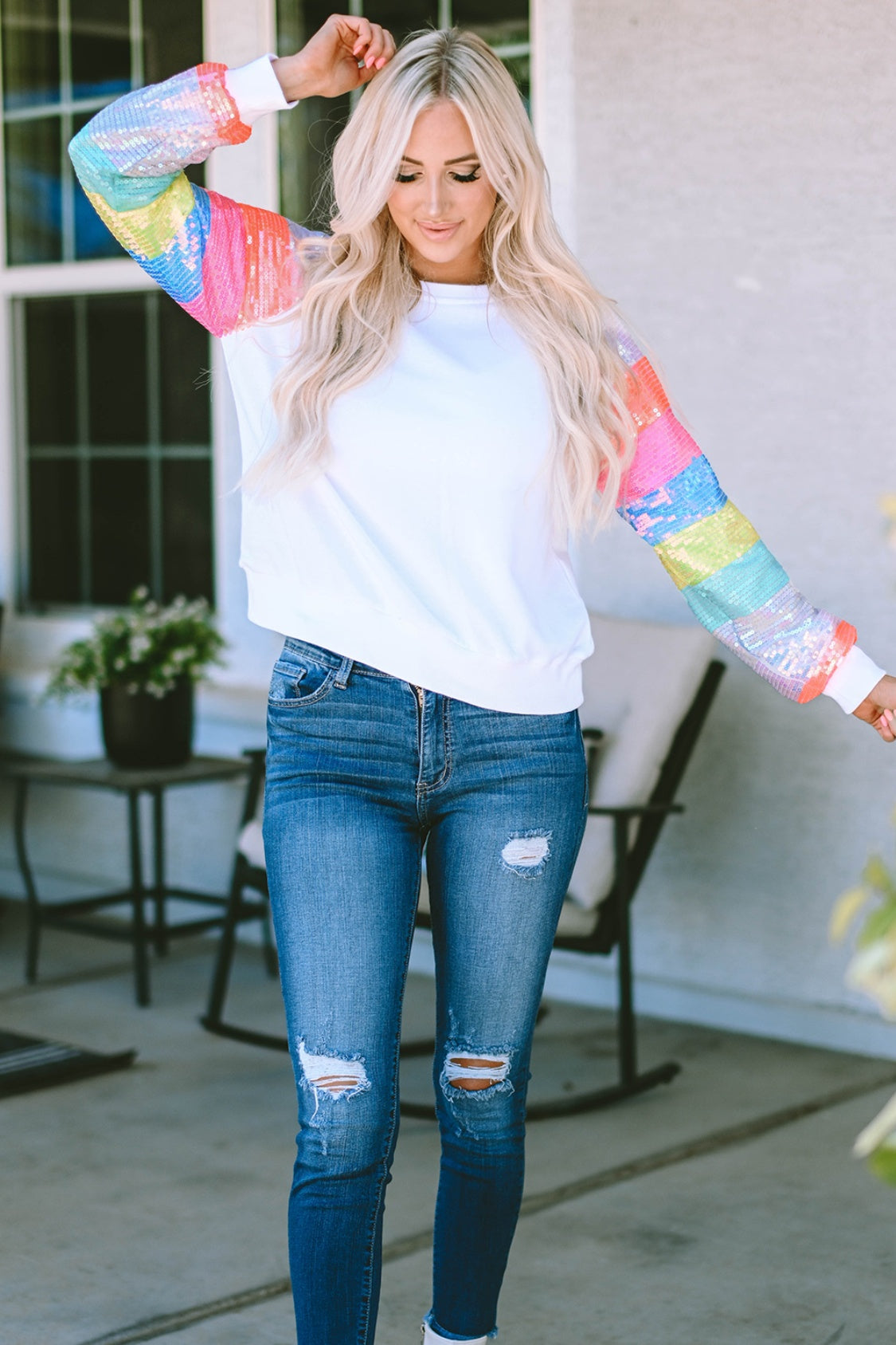 Sequin Round Neck Color Block  Sleeve Sweatshirt 