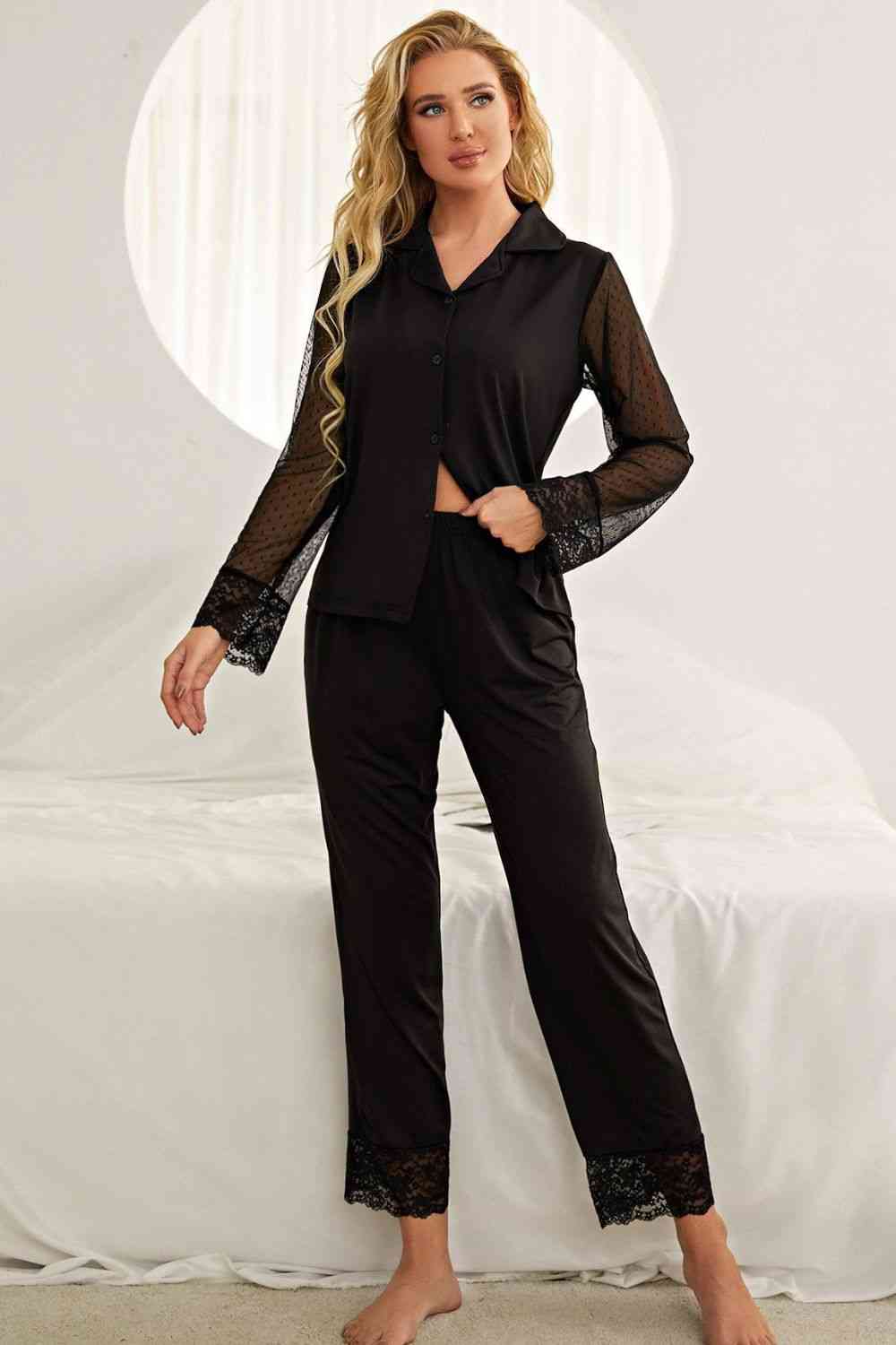 Spliced Lace Lapel Collar Pajama Set 