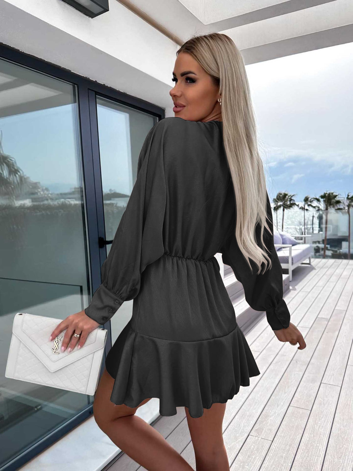 Surplice Ruffle Hem Lantern Sleeve Mini Dress 