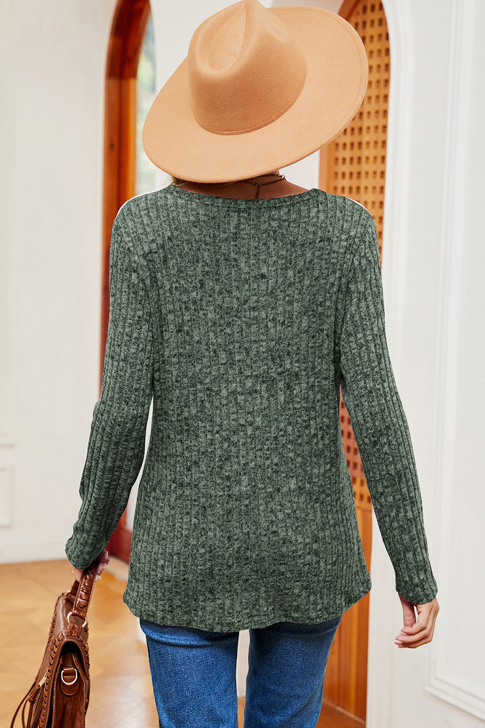 Eyelet Ribbed Round Neck Long Sleeve T-Shirt 