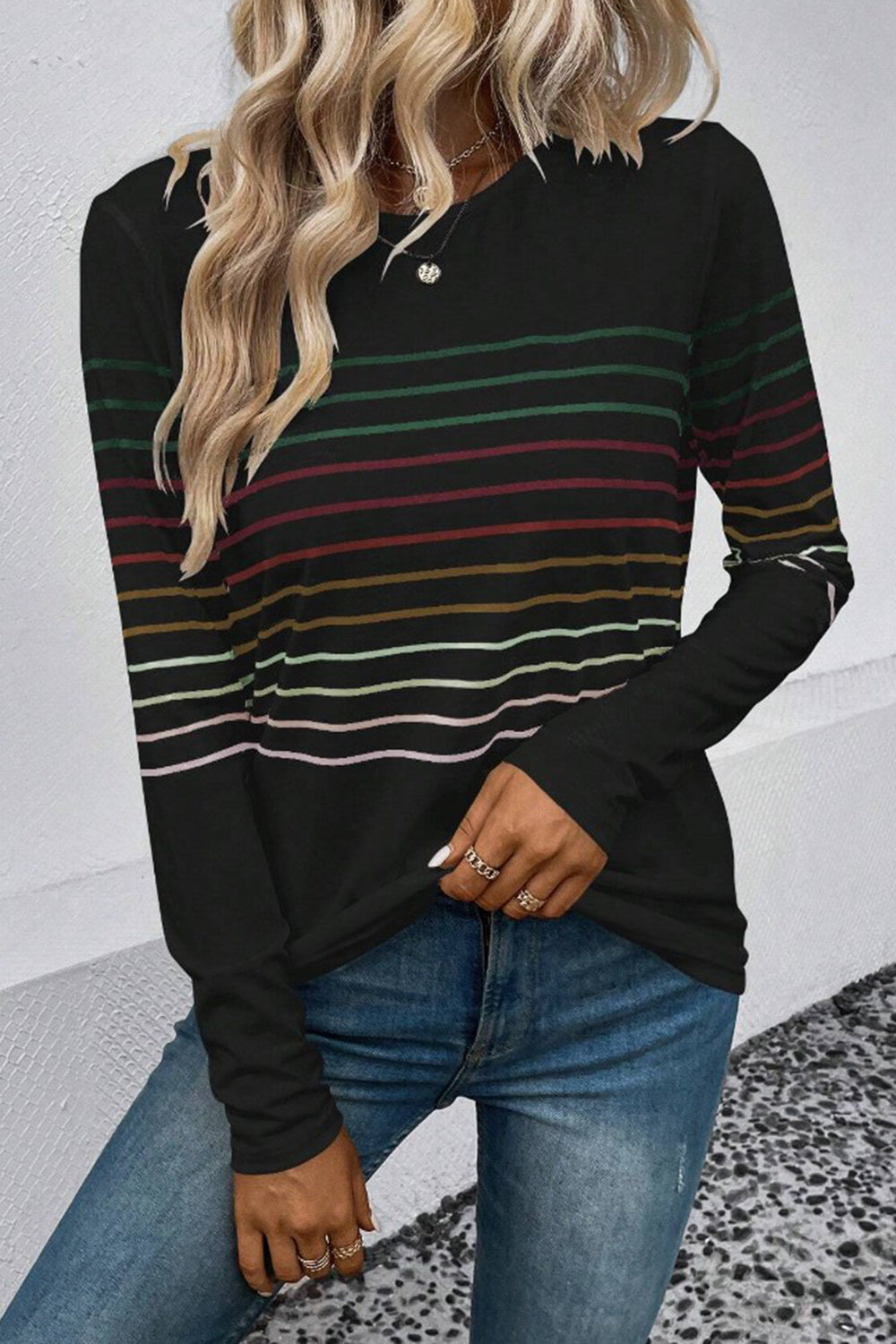 Striped Round Neck Long Sleeve T-Shirt 