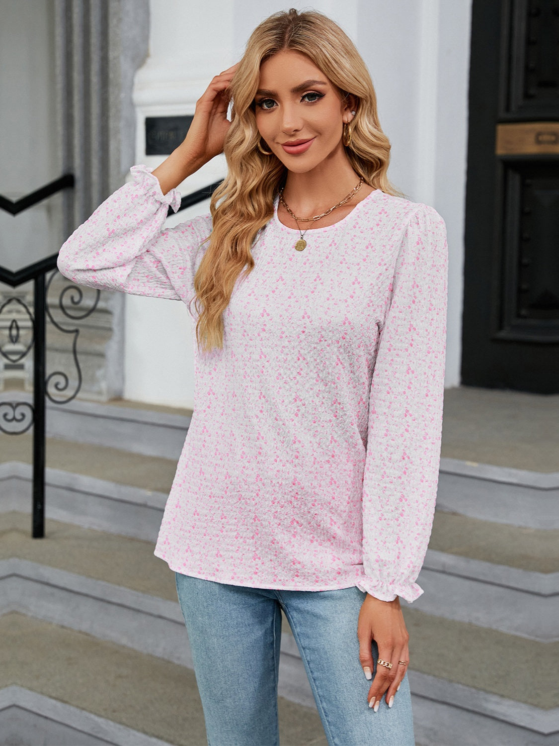 Printed Round Neck Flounce Sleeve Blouse 