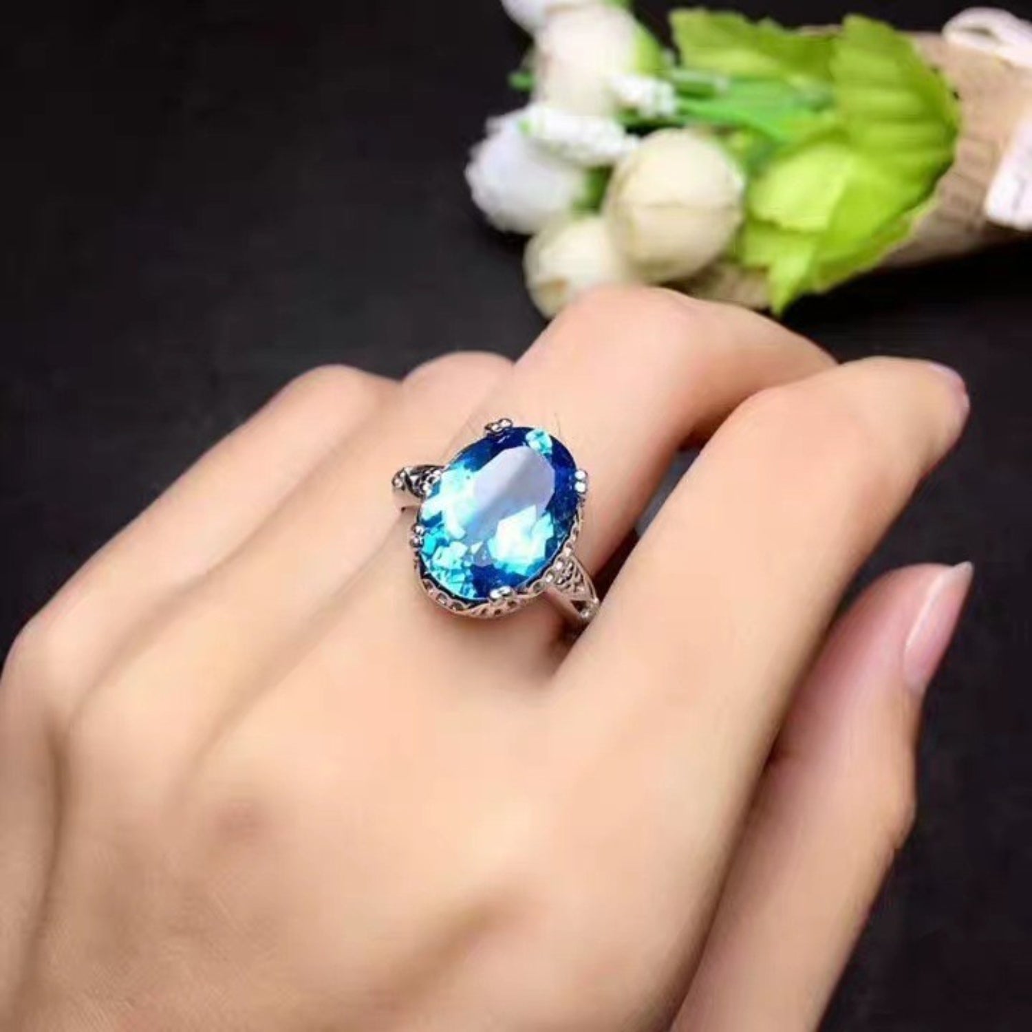 Platinum-Plated Artificial Gemstone Ring 