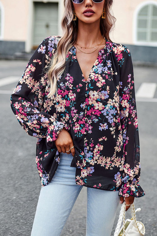 Floral Print Flounce Sleeve Blouse - Babbazon blouse