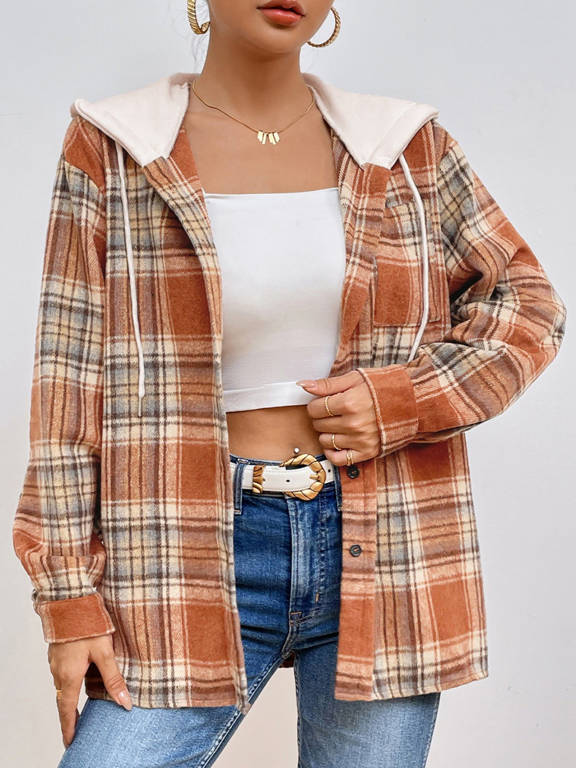 Plaid Button Up Drawstring Hooded Jacket 