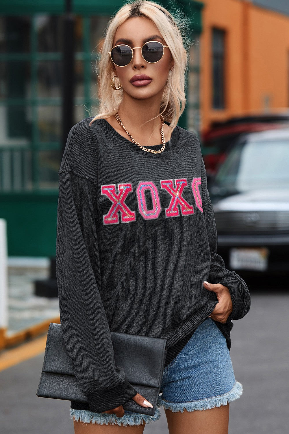 XOXO Round Neck Dropped Shoulder Sweatshirt - Babbazon sweatshirt