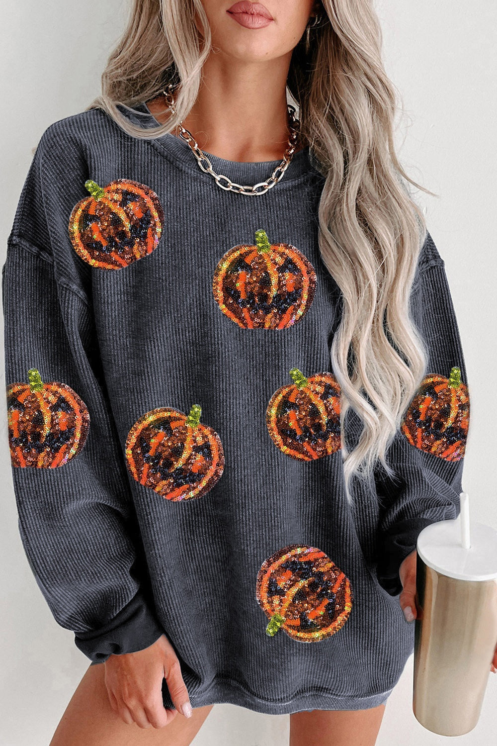 Sequin Patch Pumpkin Round Neck Sweatshirt - Babbazon Sparkly Clothes