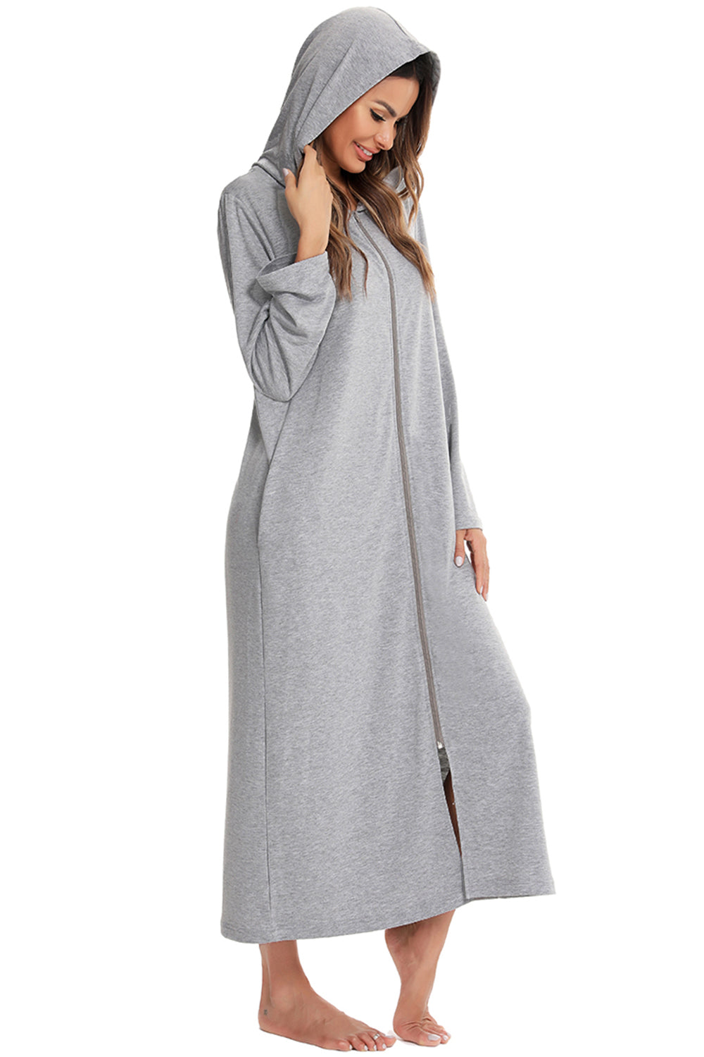 Zip Front Hooded Night Dress with Pockets 