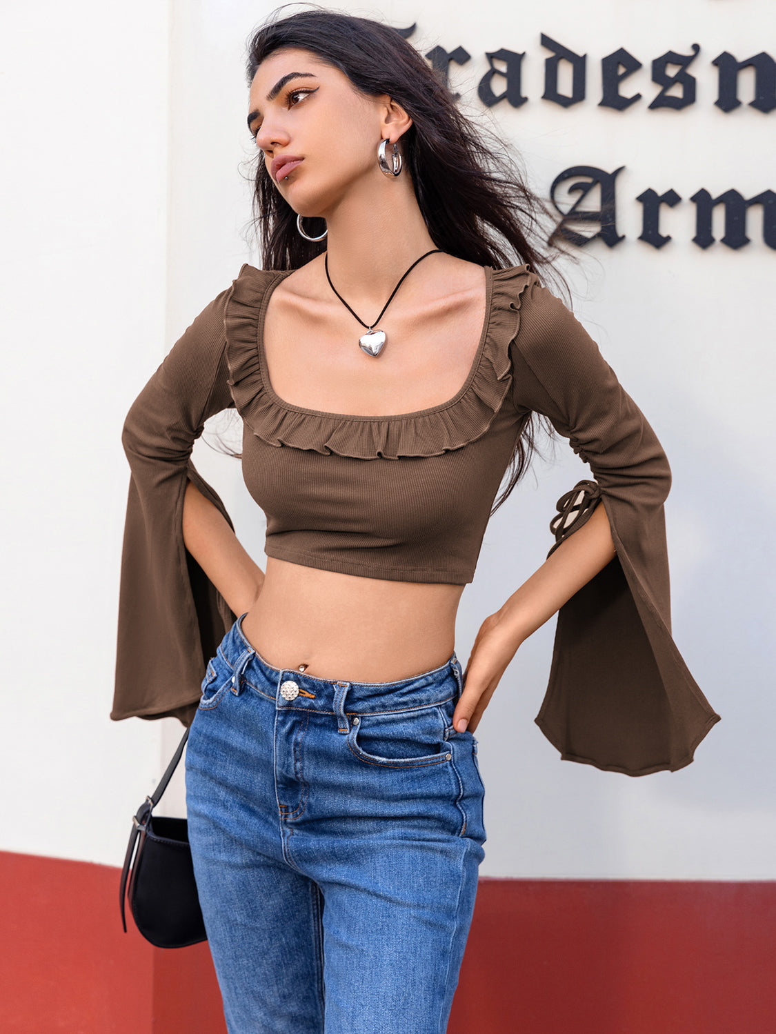 Open Bell Sleeve Square Neck Crop Top 