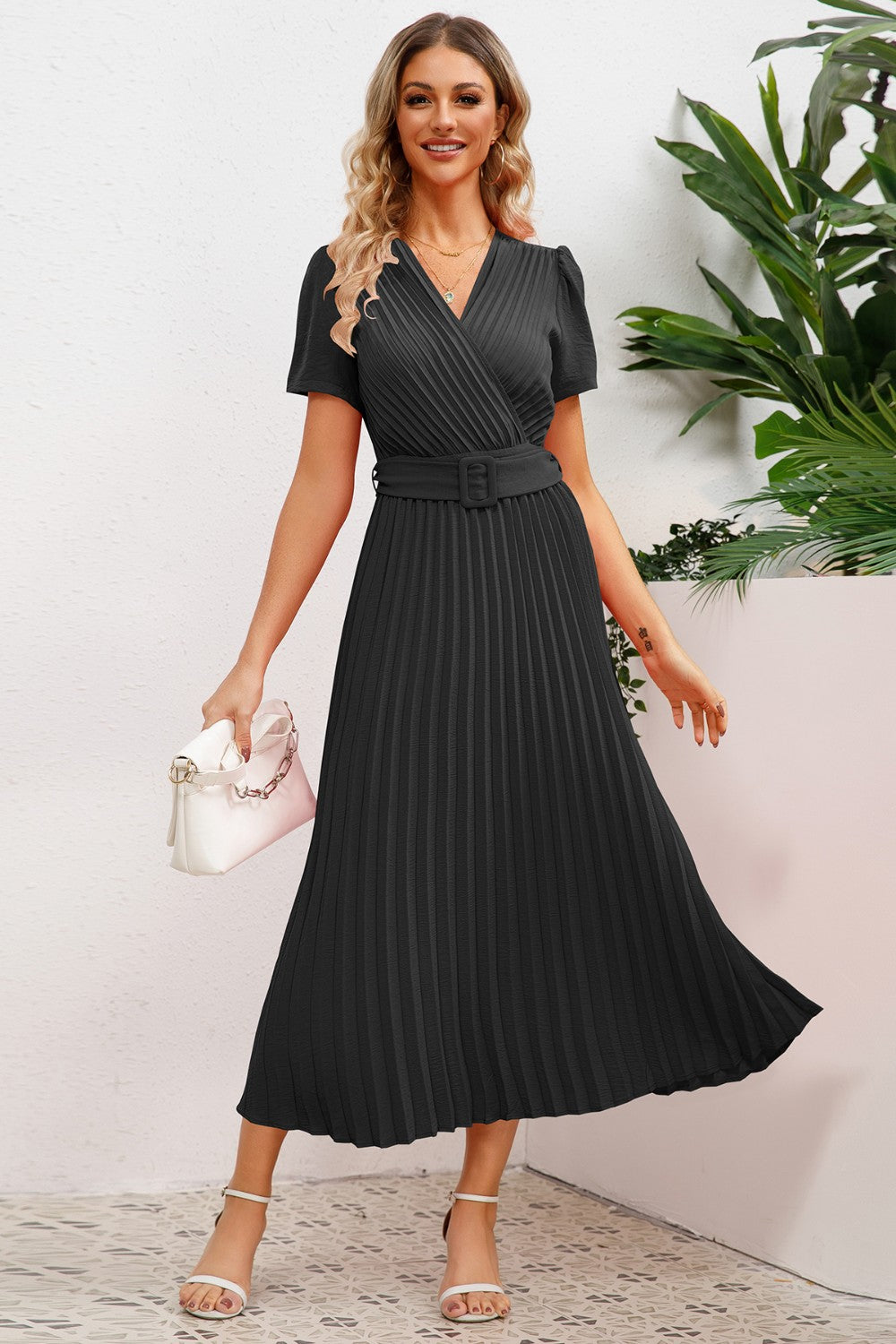 Pleated Surplice Short Sleeve Midi Dress 