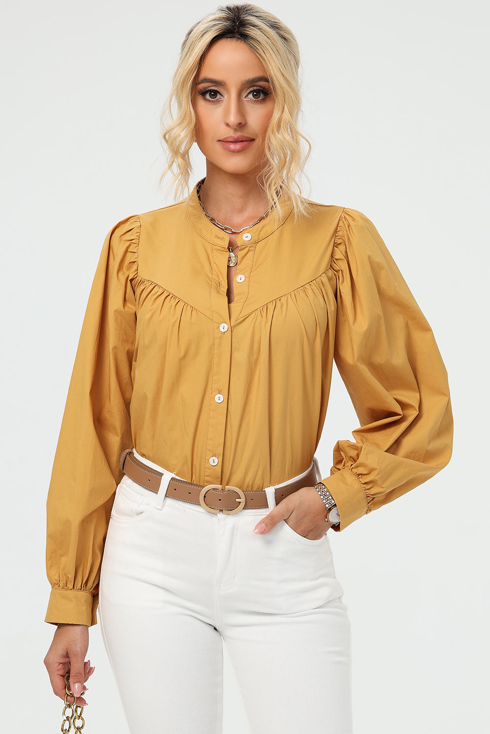 Ruched Button Up Long Sleeve Shirt - Babbazon Camisole