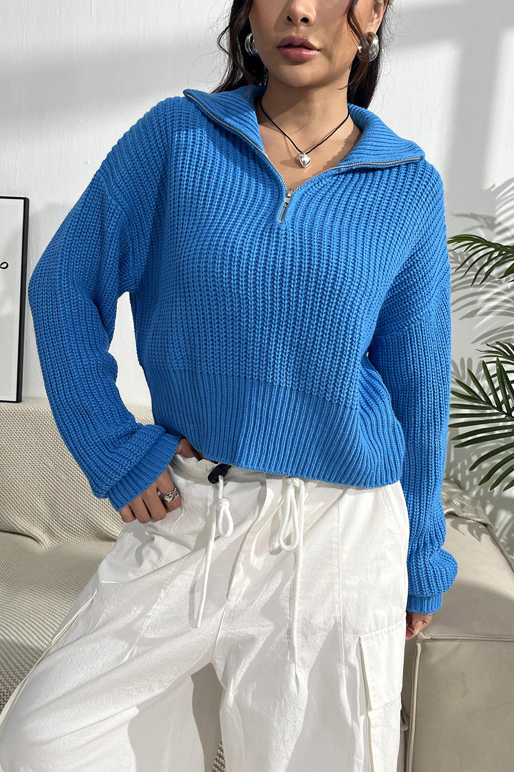 Quarter Zip Dropped Shoulder Sweater 