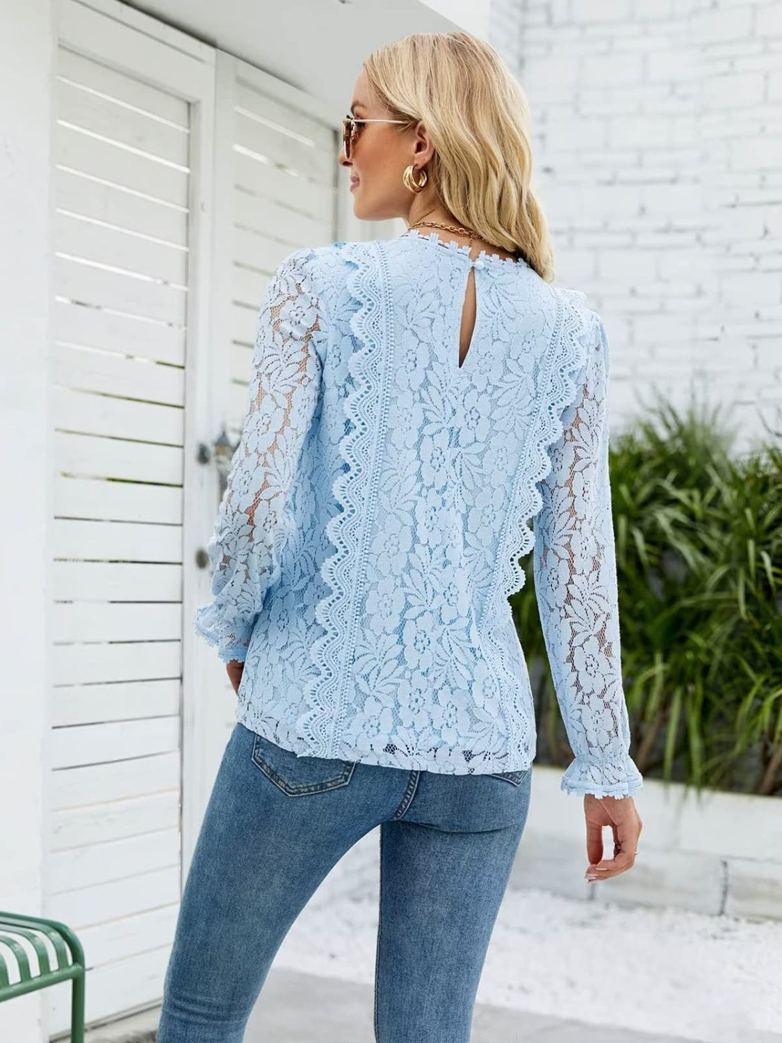 Lace V-Neck Flounce Sleeve Blouse 