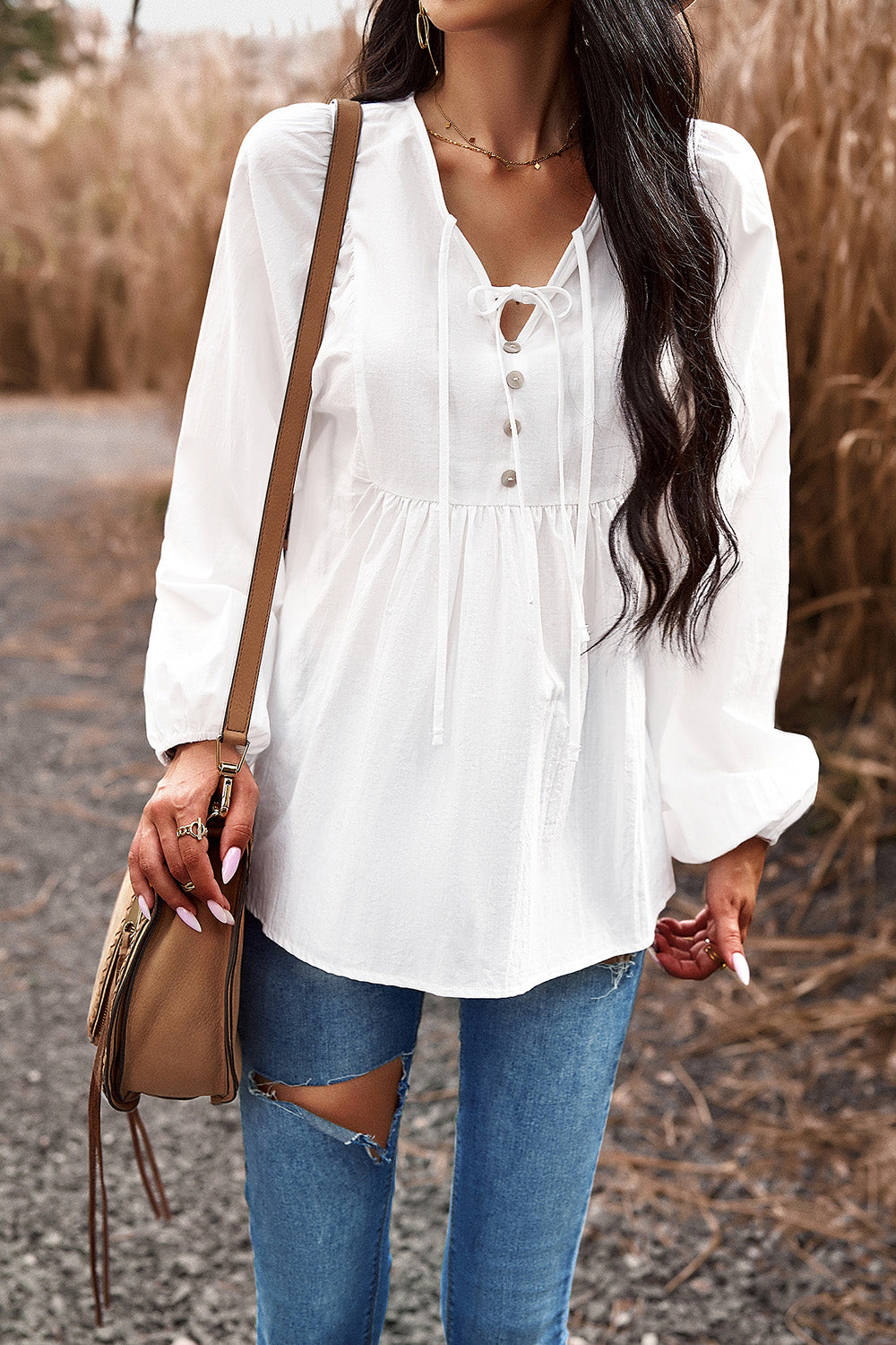 Tied Decorative Button Balloon Sleeve Blouse