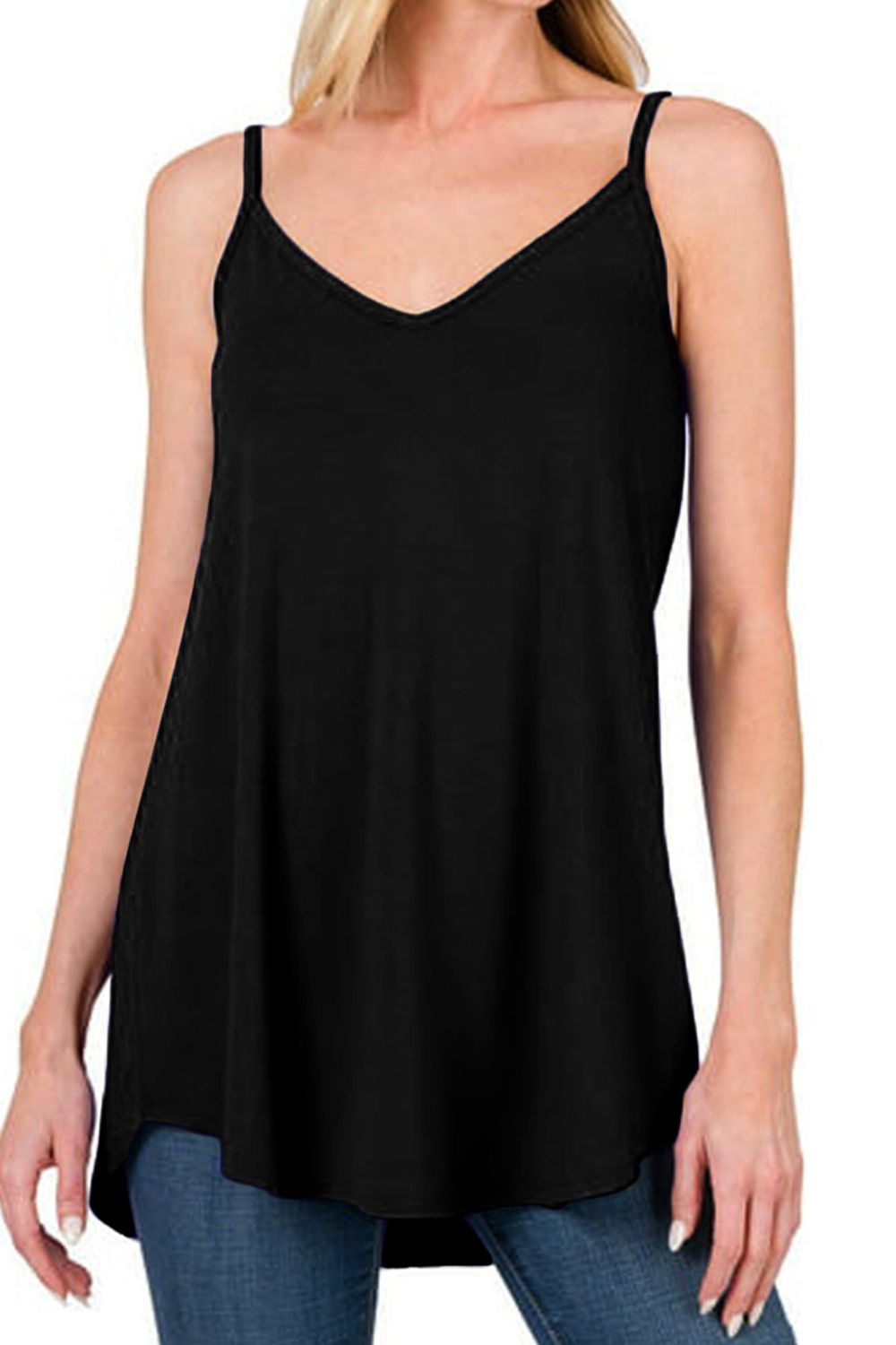 Full Size Spaghetti Strap V-Neck Flowy Tunic Cami - Babbazon