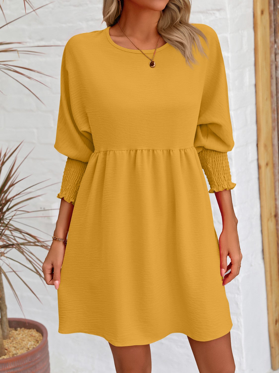 Round Neck Lantern Sleeve Mini Dress - Babbazon