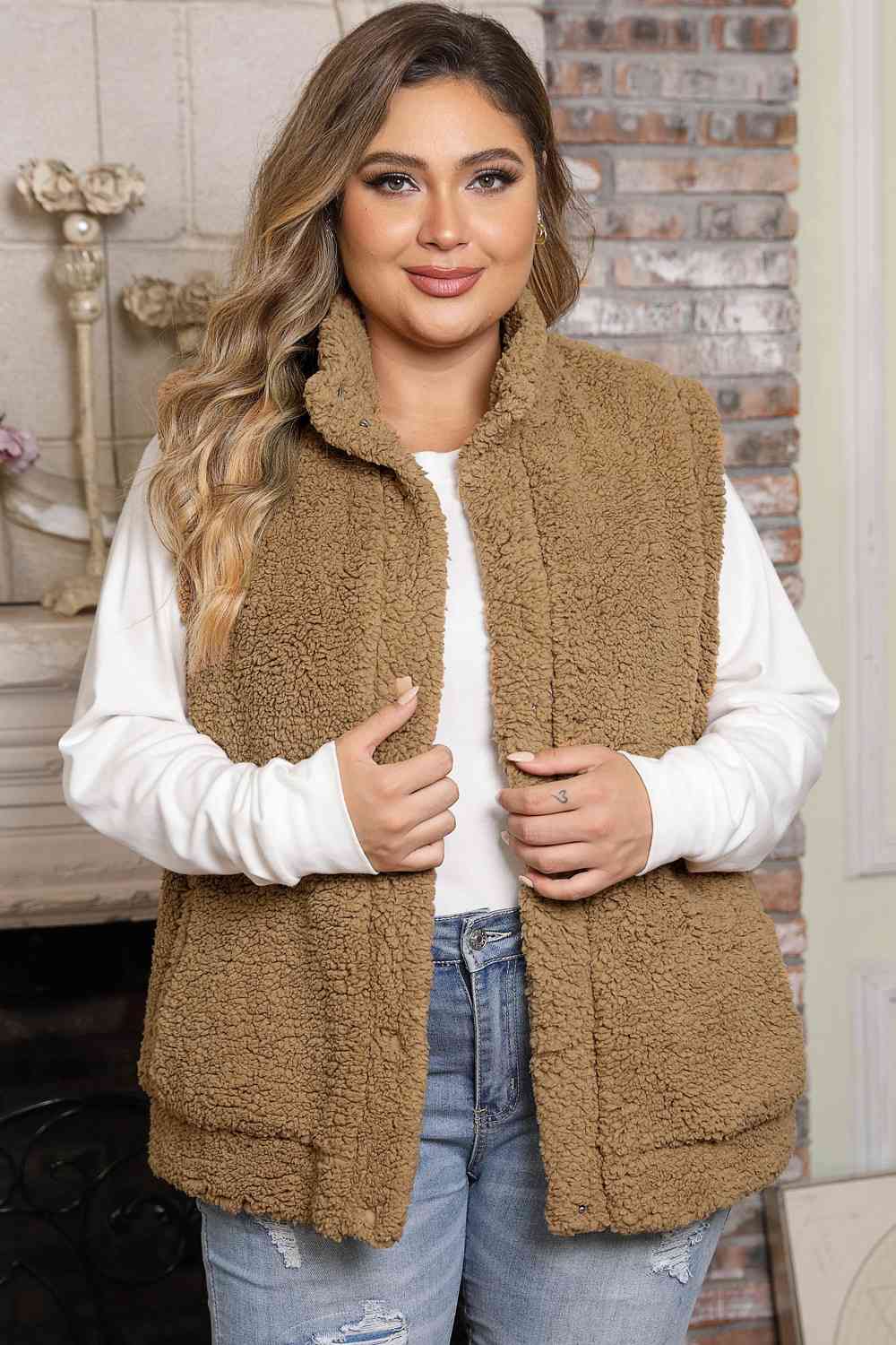 Plus Size Collared Neck Open Front Sweater Vest 