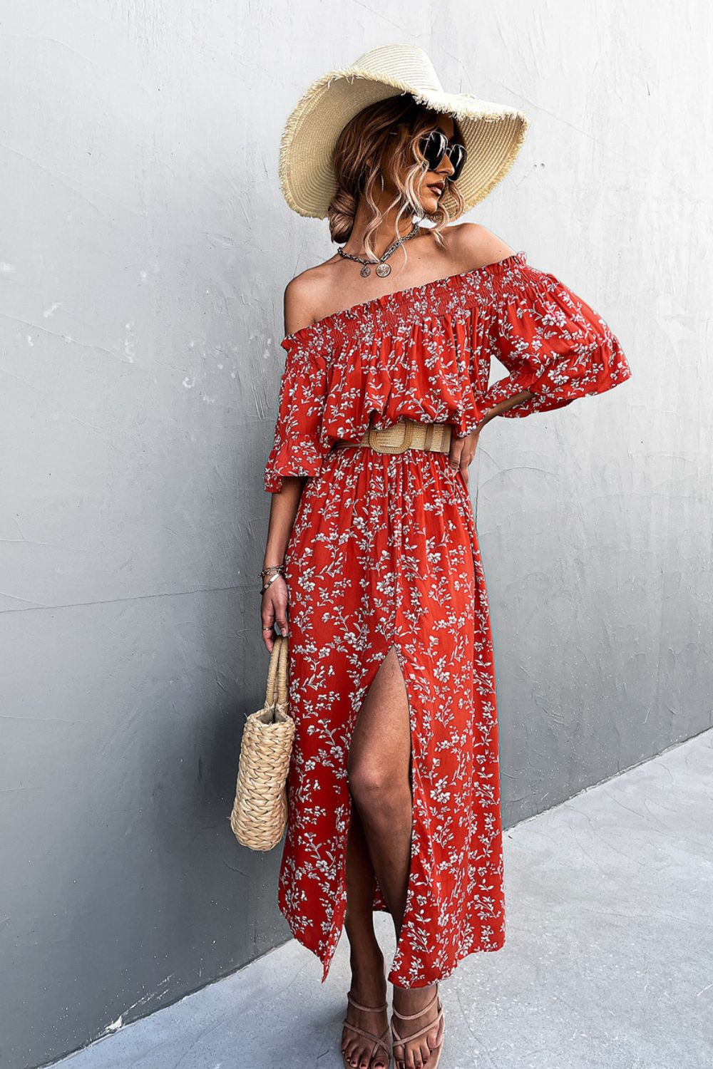 Floral Off-Shoulder Front Split Dress 