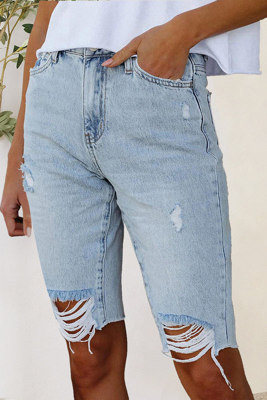 Distressed Raw Hem Denim Shorts - Babbazon