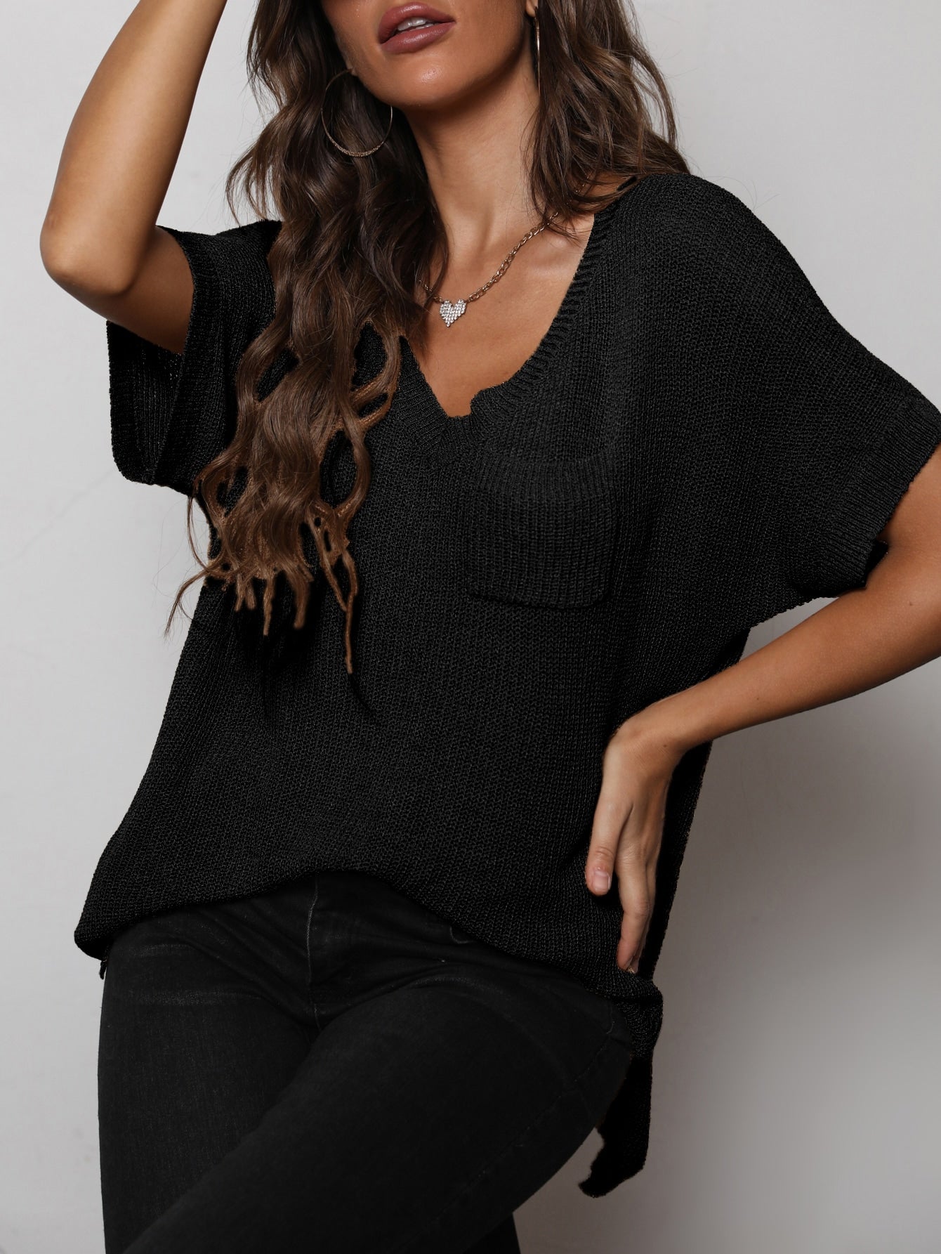 V-Neck Slit High-Low Knit Top 