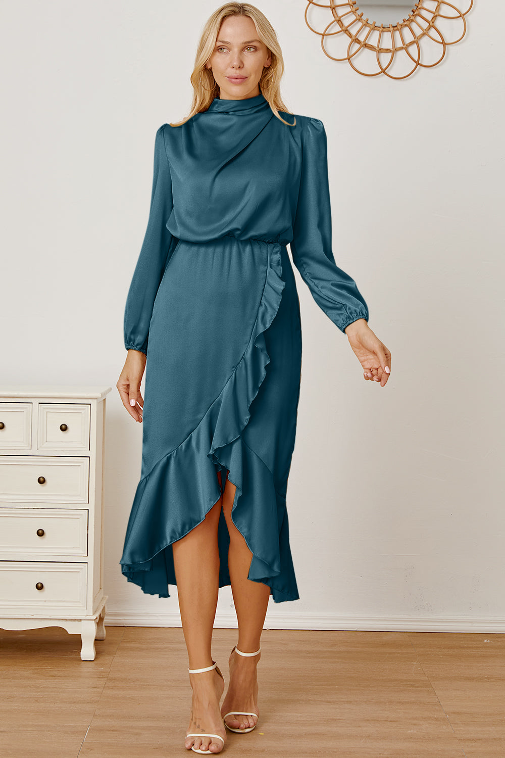 Mock Neck Ruffled Asymmetrical Dress - Babbazon Midi Dress