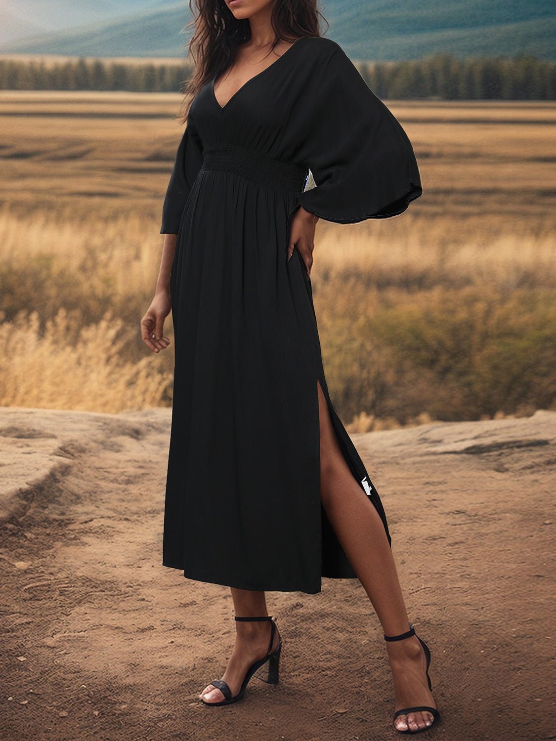 Slit V-Neck Long Sleeve Midi Dress 