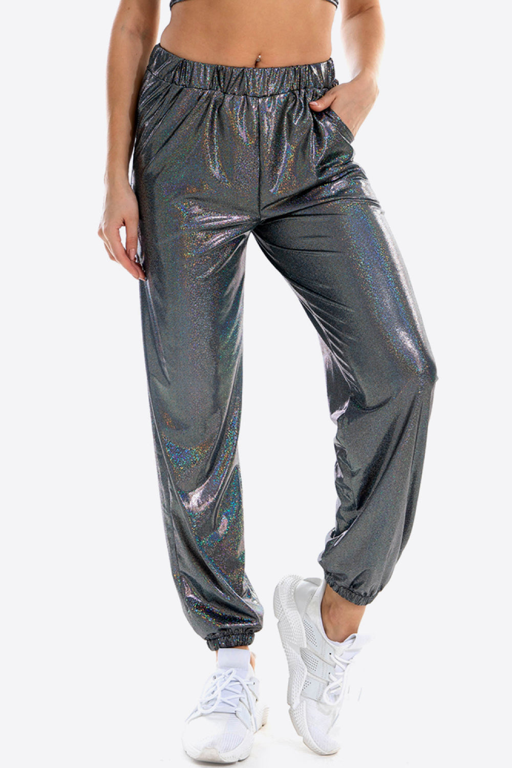 Glitter Elastic Waist Pants with Pockets 