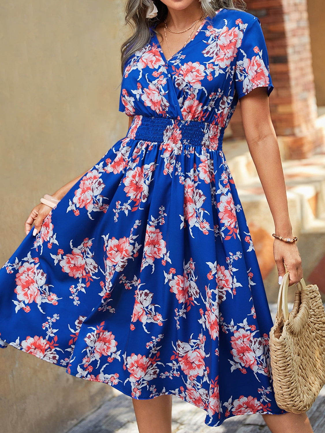 Elastic Waist V Neck Floral Print Midi Dress 