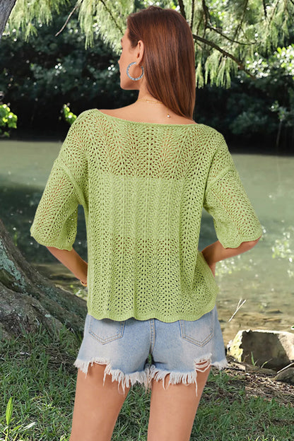 Openwork Round Neck Half Sleeve Knit Top