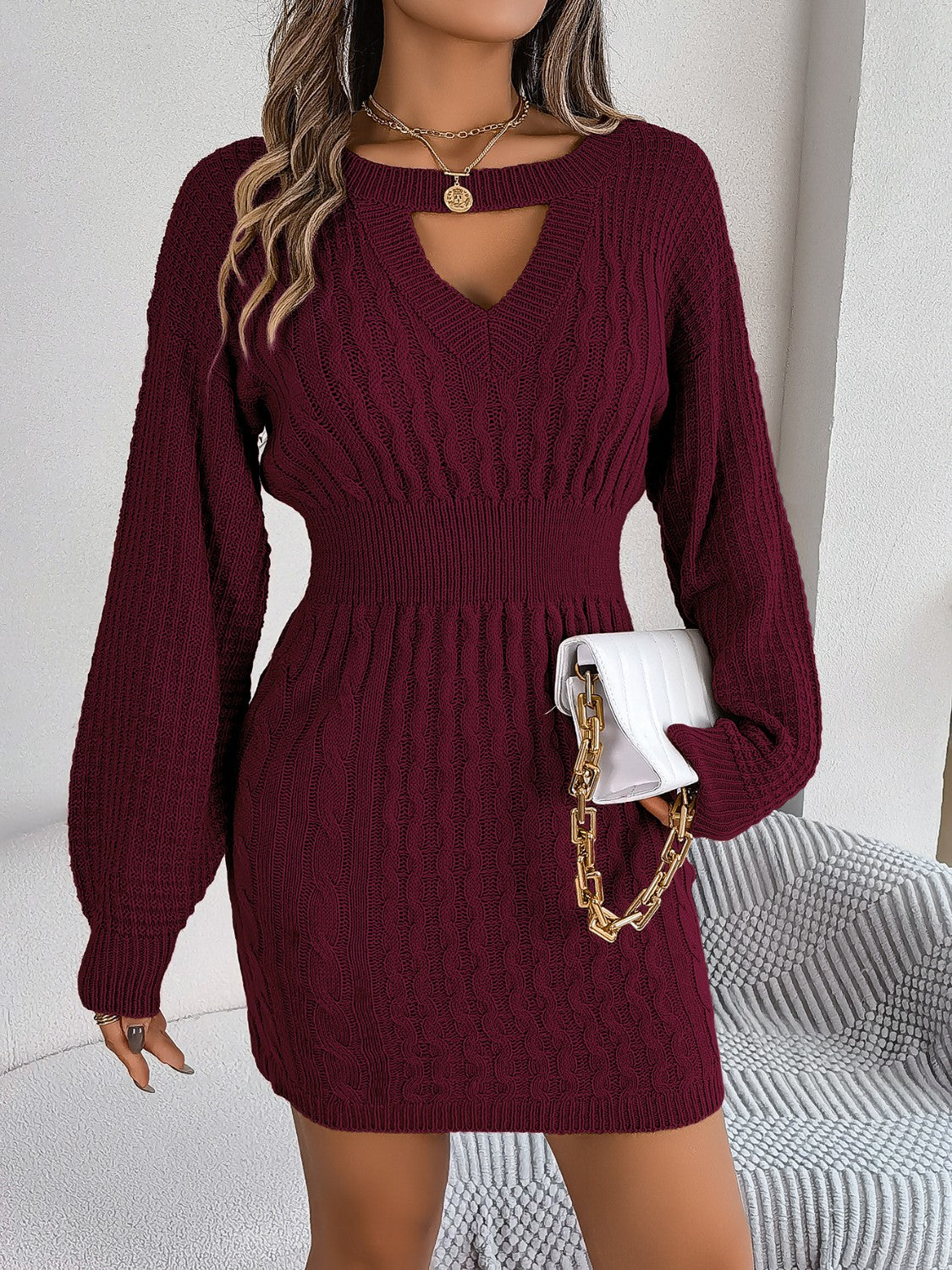 Cable-Knit Cutout Round Neck Slit Sweater Dress 