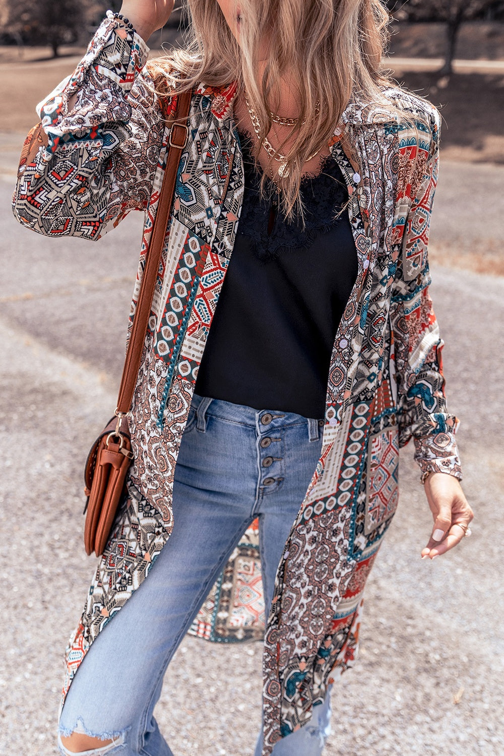 Printed Open Front Collared Neck Cardigan 