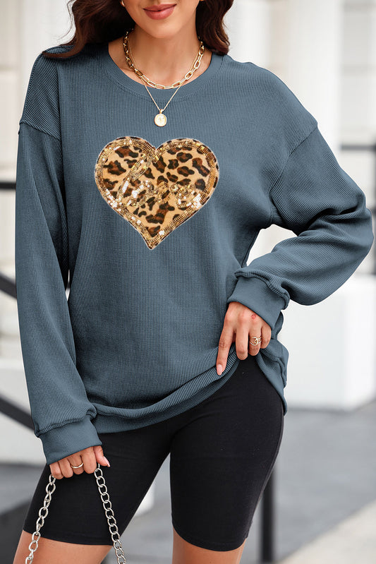 Heart Leopard Sequin Round Neck Sweatshirt 