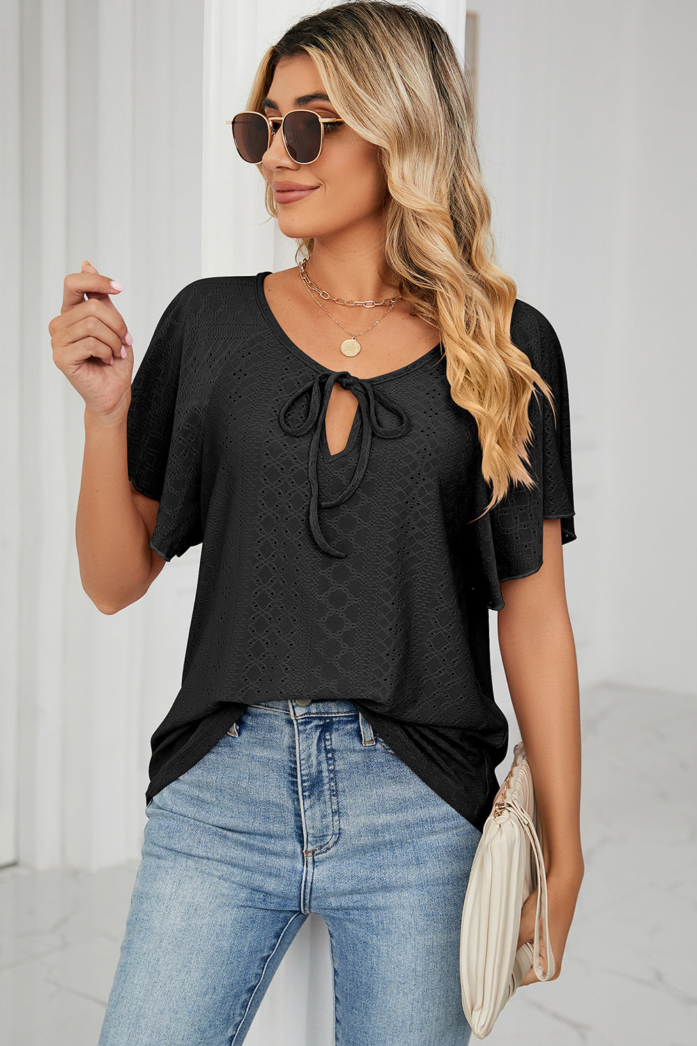 Eyelet Tie Neck Flutter Sleeve Blouse