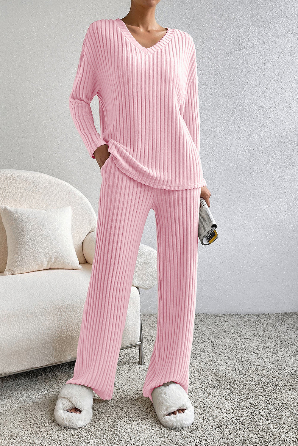 Ribbed V-Neck Top and Pants Lounge Set - Babbazon Tops