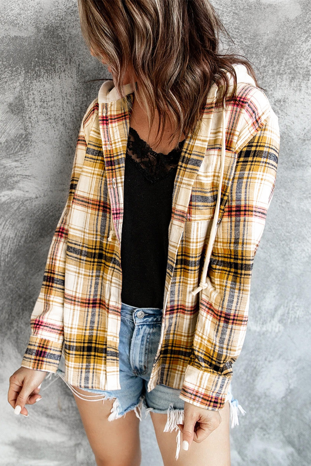 Plaid Button Up Hooded Jacket 