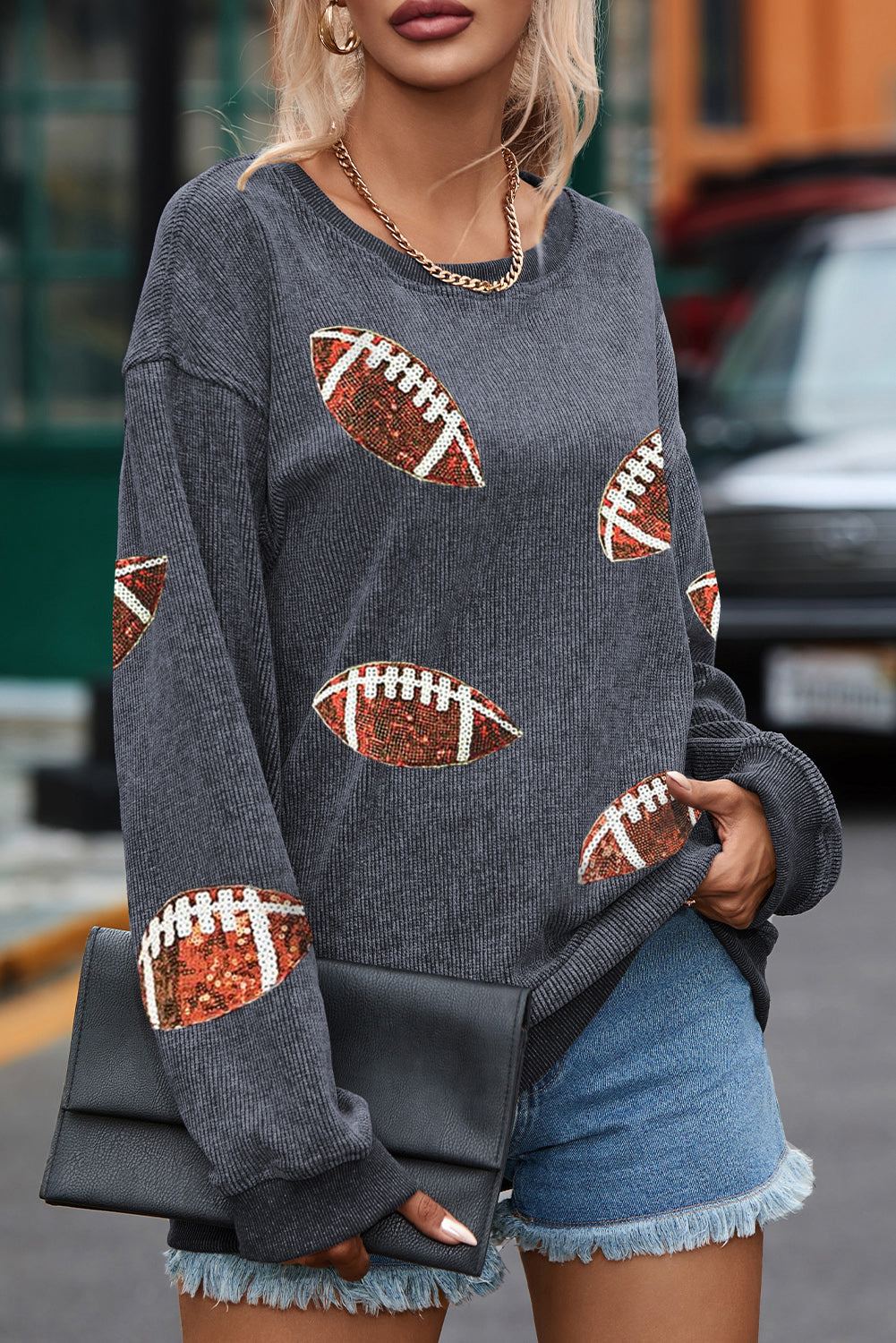 Sequin Football Patch Corduroy Sweatshirt - Babbazon Sparkly Clothes